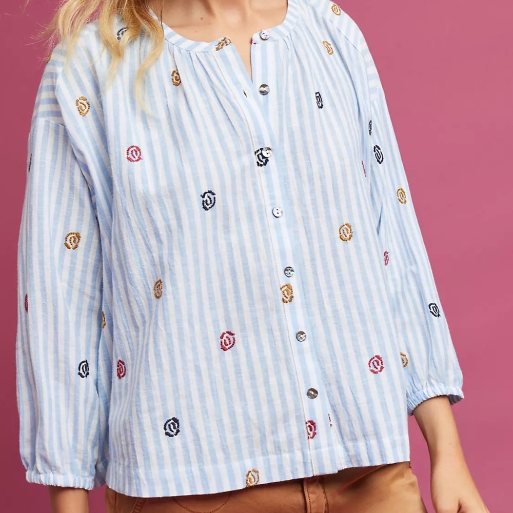 Anthropologie Button up blouse, bat sleeve, embroidery